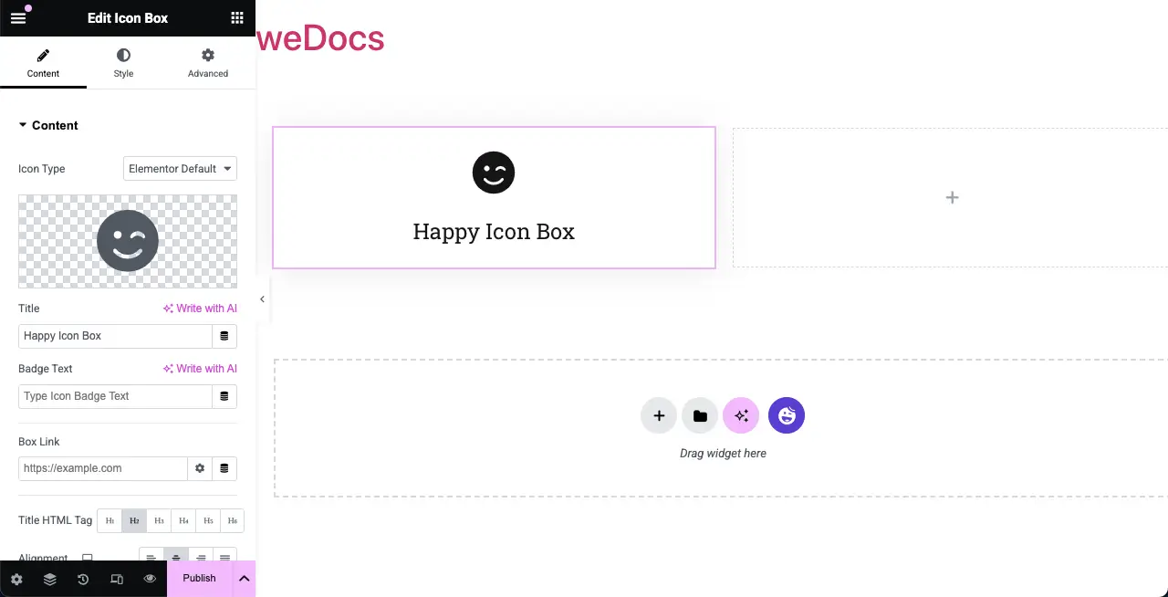 Icon box is added to the elementor canvas