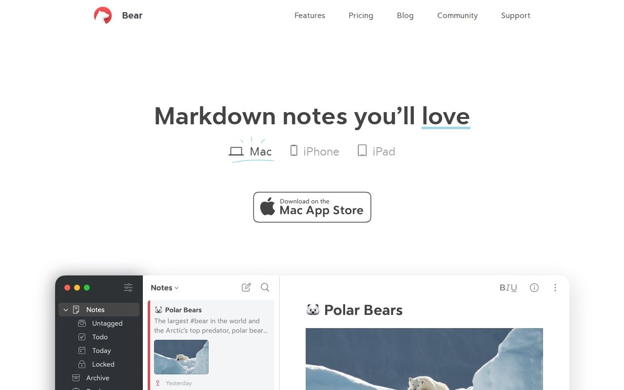 Bear note taking app screenshot