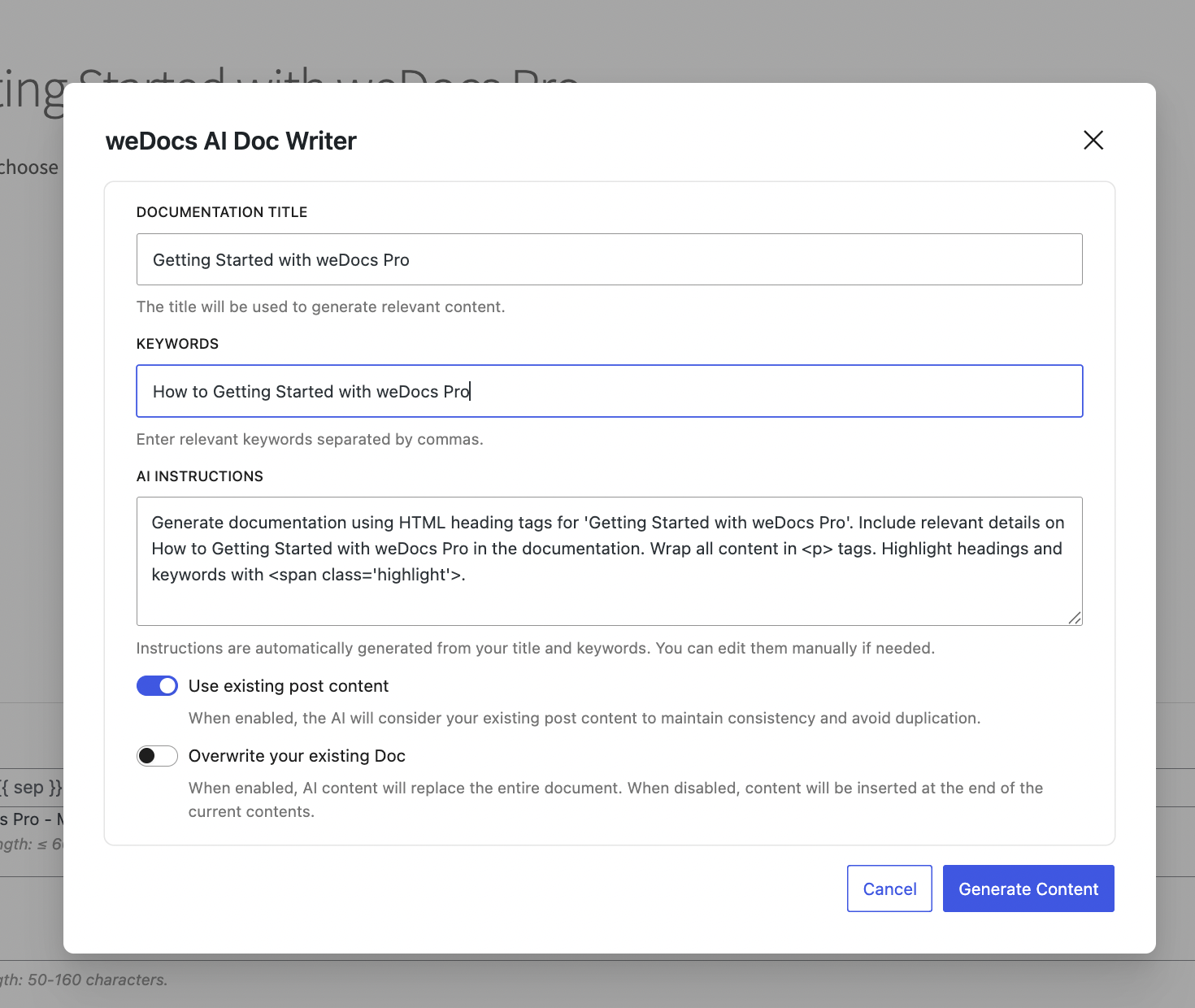 This is a screenshot of AI Doc Writer Pop up