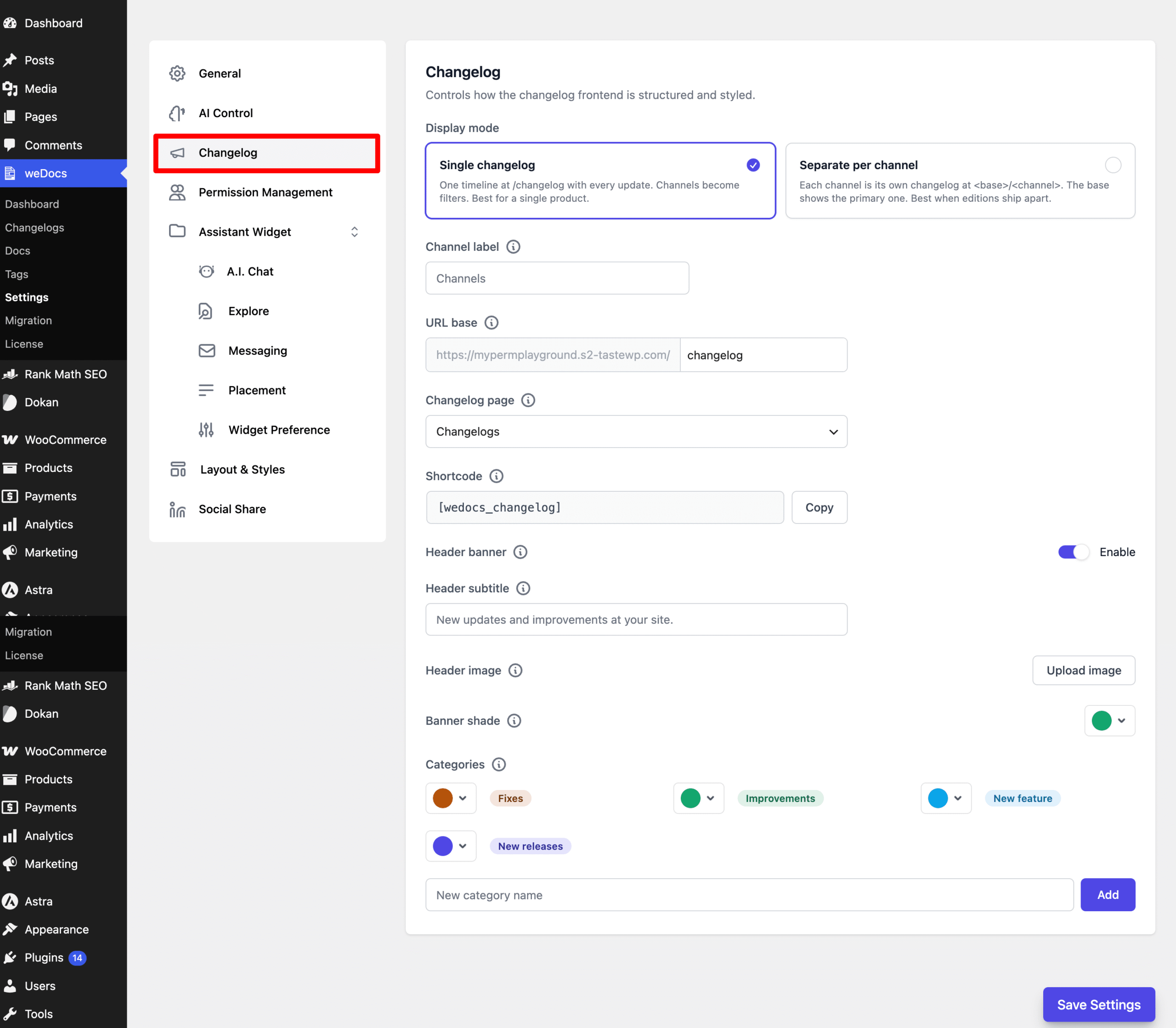 Changelog Settings